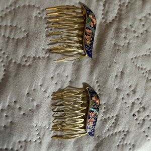 Source Unknown Gold-Tone Floral Enamel Hair Combs in Blue, Pink, Green